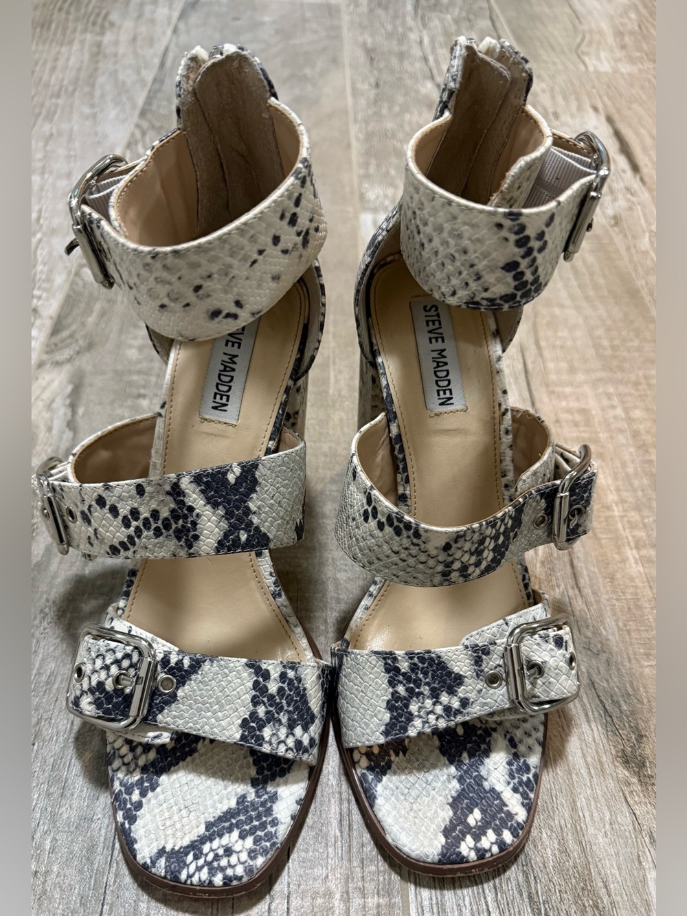 Steve Madden Maxi Natural Snake-Print Began Leather Strappy Buckle Heels